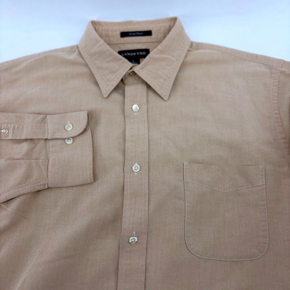 Lands End Hyde Park Mens Tan Oxford Button Down Shirt Large 16-16.5 Long Sleeve